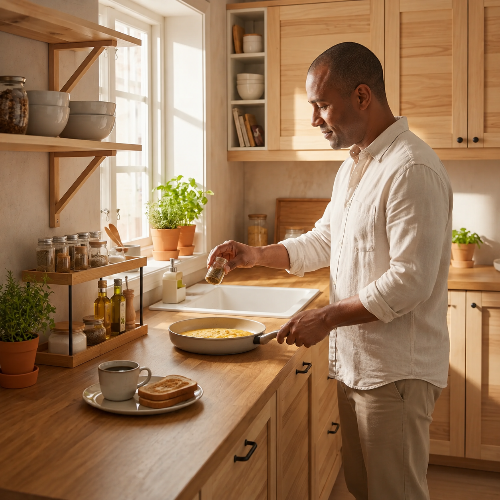 étagère à épices sur joli comptoir bois cuisine ensoleillée homme souriant