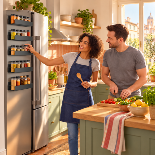 étagères à épices aimantées sur frigo superposées avec couple souriant tout en cuisinant et se servent d'épices 