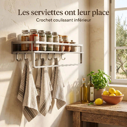 étagère à épices 3 en 1 suspends pour ustensiles ou serviettes barre pour linge vaisselle table bois huile citrons 