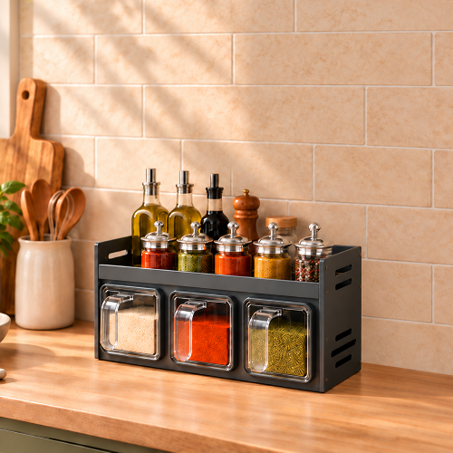 étagère à épices 3 tiroirs sur comptoir et dosseret couleur beige avec belle luminosité