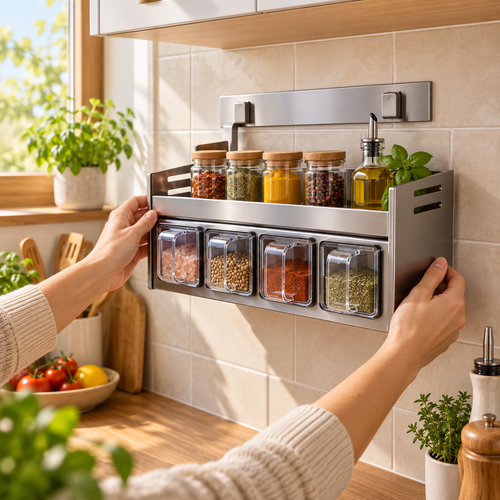 étagère à épices 4 tiroirs 1 niveau installée au mur près d'une fenêtre ou le soleil perce 
