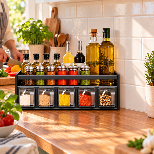 étagère à épices 5 tiroirs sur très joli comptoir quelqu'un coupant des légumes en arrière plan
