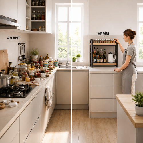 Étagère à épices avant après qui démontre l'ordre et le désordre