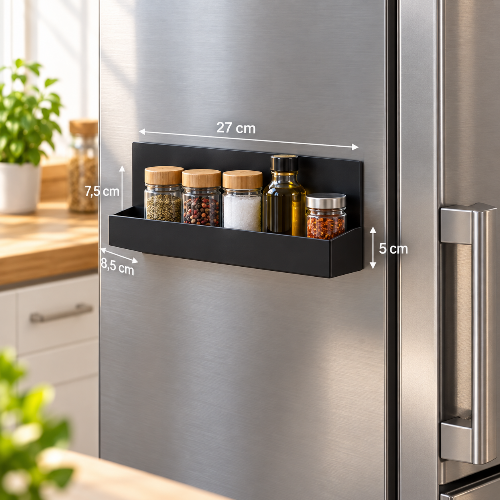 étagère à épices sur frigo en démo pour mettre à la vue les dimensions inscrites