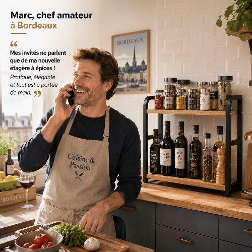 étagère à épices adossée sur joli comptoir de cuisine homme parle au telephone souriant cuisinant