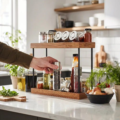 étagère à épices posée sur le plan de travail dans la cuisine une main prend le poivre