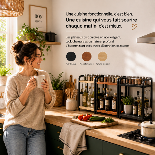 étagère à pices avec choix de 3 couleurs femme boit café souriante 