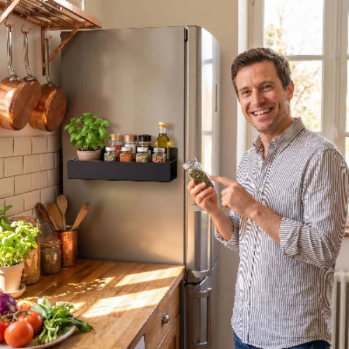 étagère à épices magnétique sur frigo épice dans mains d'un homme très souriant cuisine ensoleillée chaleureuse
