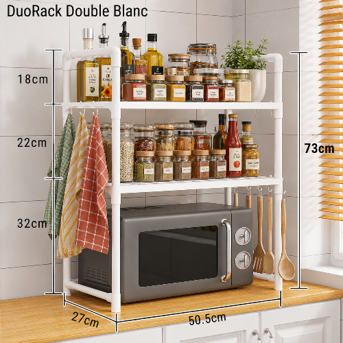 étagère à épices 2 niveaux blanches avec dimensions inscrits