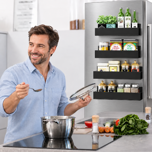 étagères à épices superposées sur côté de frigo homme à la cuisinière goutant son plat souriant à un invité