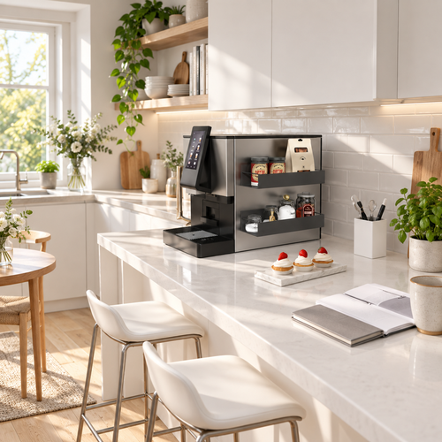 étagère à épices magnétique posées sur le côté d'une cafetière sur comptoir de cuisine tout blanche très jolie plantes sous la lumière du jour