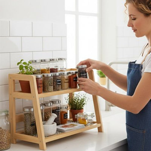 Étagère à épices sur comptoir femme qui prépare la cuisine avec épices