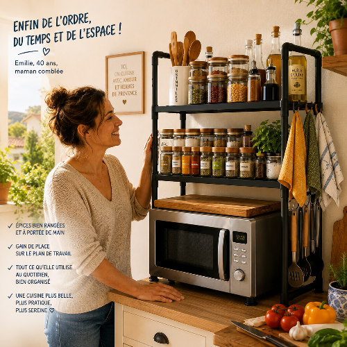 étagère à épices sur comptoir et femme qui s'en réjouit