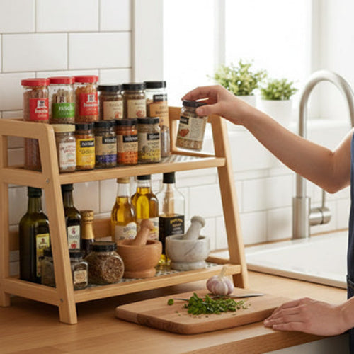 étagre à épices sur comptoir près de l'évier femme qui coupe des fines herbes 