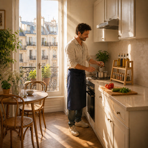 Étagère à épices sur comptoir de cuisine avec homme cuisinant soleil entre par la fenêtre jolie cuisine 