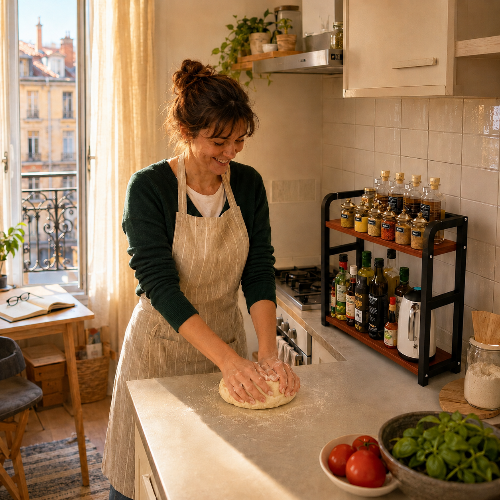 étagère à épices utilisé par femme sur son plan de travail qui pétrit de la farine toute souriante