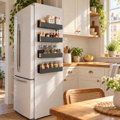 étagère à épices aimantée sur frigo blanc dans cuisine armoires blanches plantes soleil fruits
