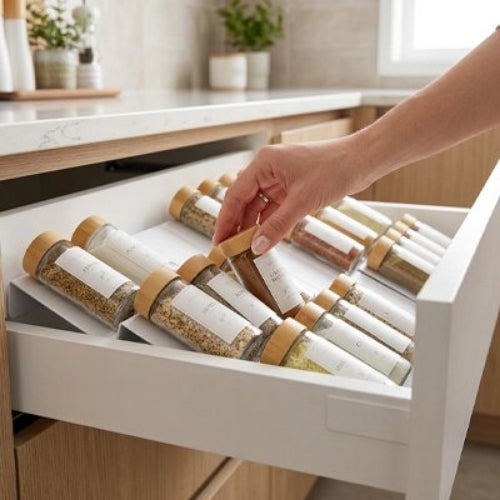 Range epices pour tiroir  blanc garni de pots à épices dans tiroir