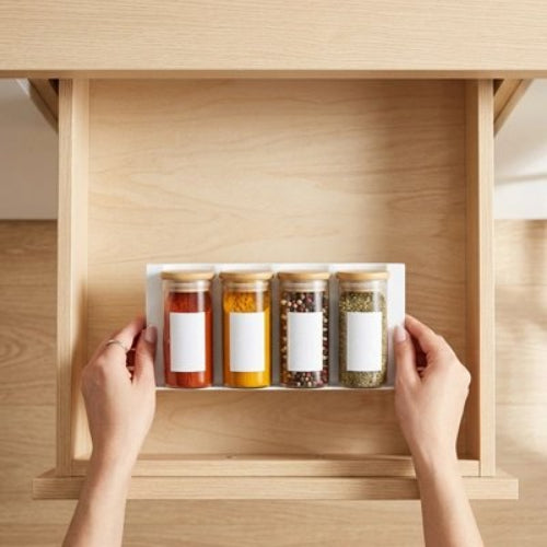 Rangement  à epices dans tiroir tenu dans les mains
